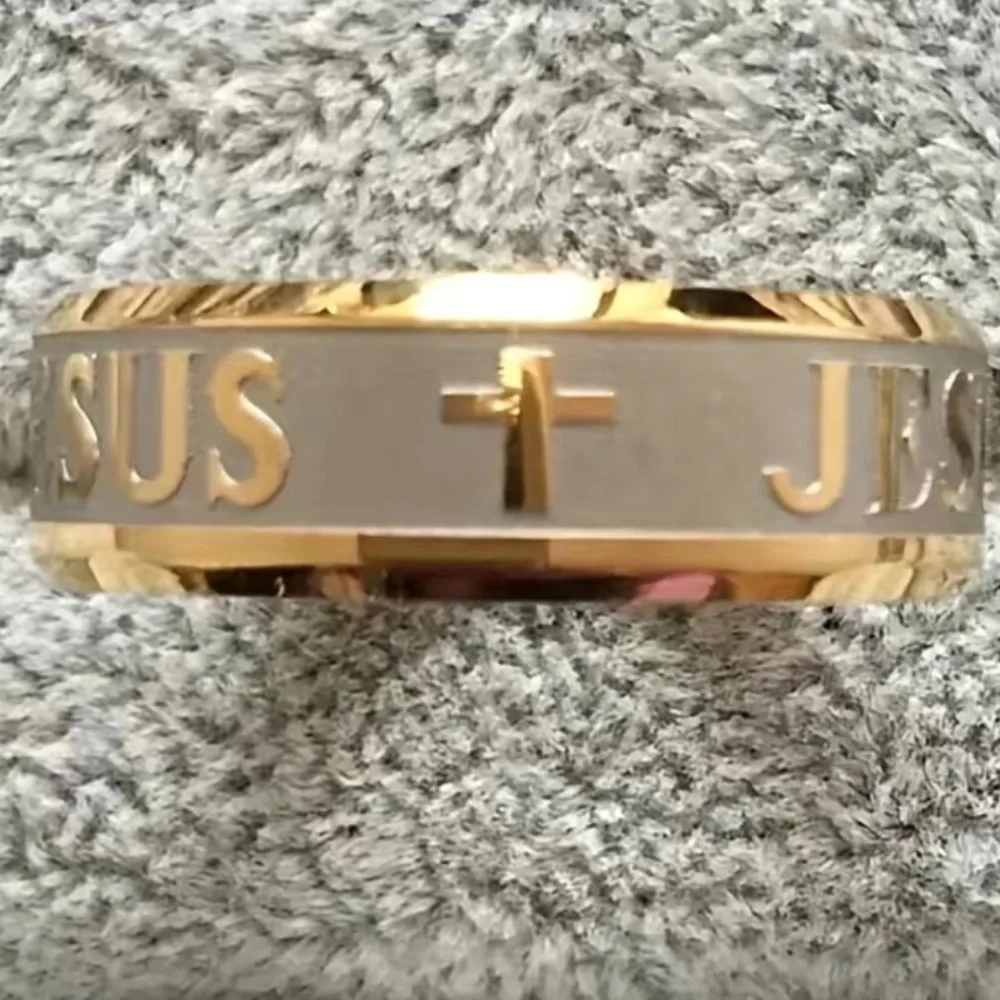 Jesus Cross Metal Alloy Ring Gold Tone Size 10